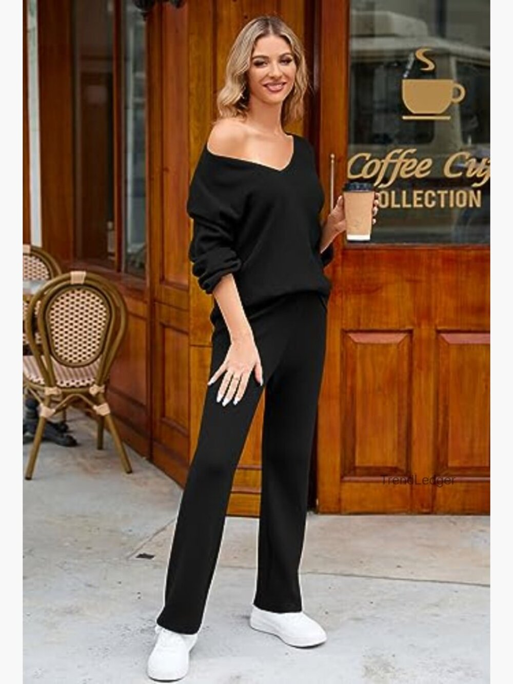 Women's 2-Piece Knit Lounge Set Sweatsuit Wide Leg Pants - Picture 4 of 7